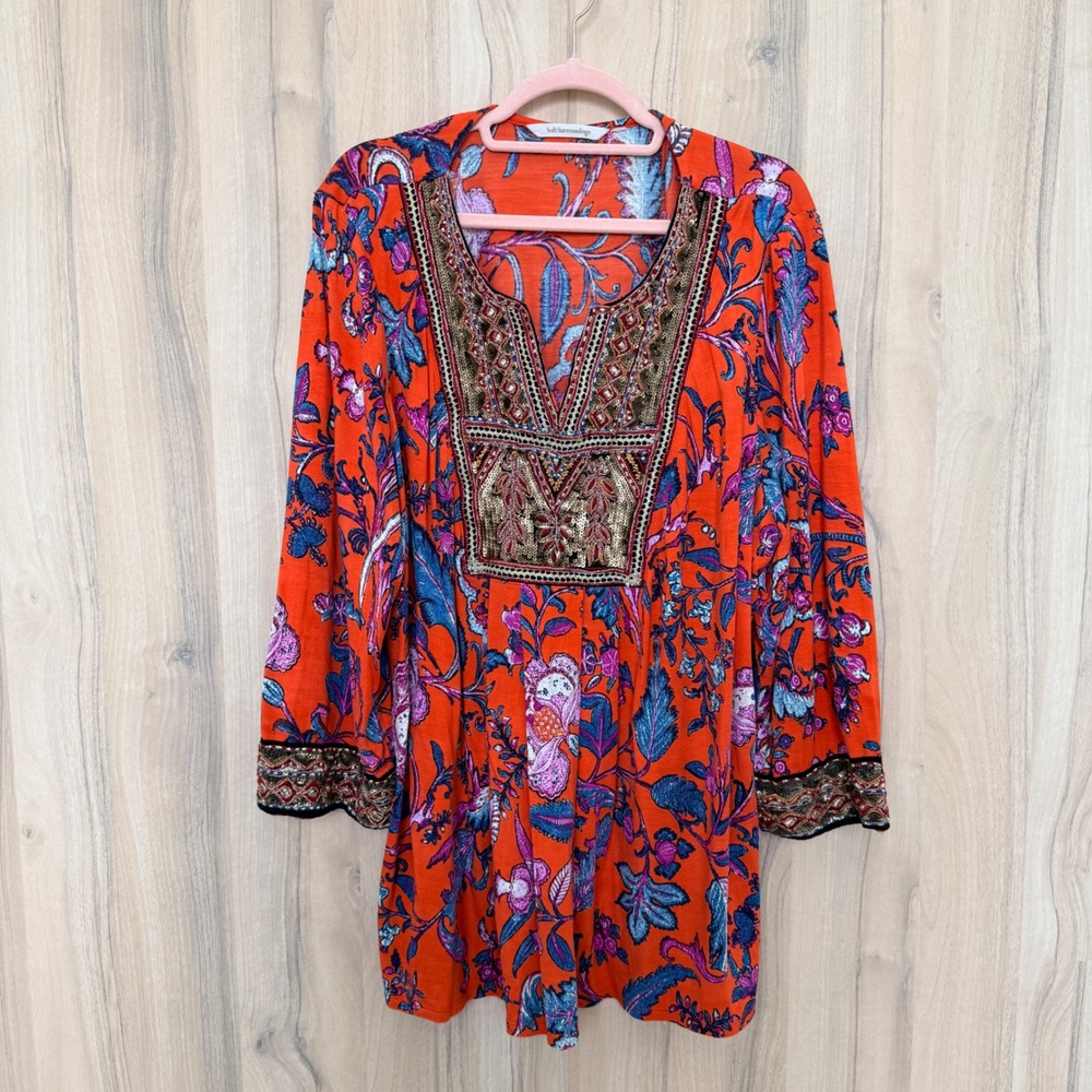 Soft Surroundings Beaded Tunic Top Size 2X Multicolor Floral Boho Maximalist